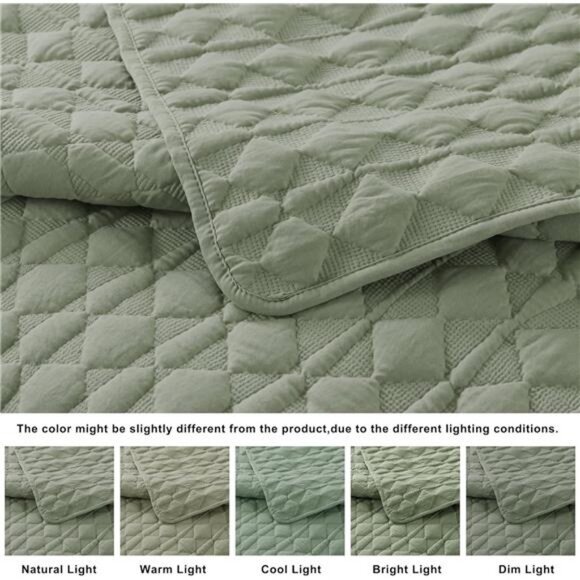 Sage Green Quilt Queen Size Bedding Sets with Pillow Shams, Lightweight - Picture 5 of 8